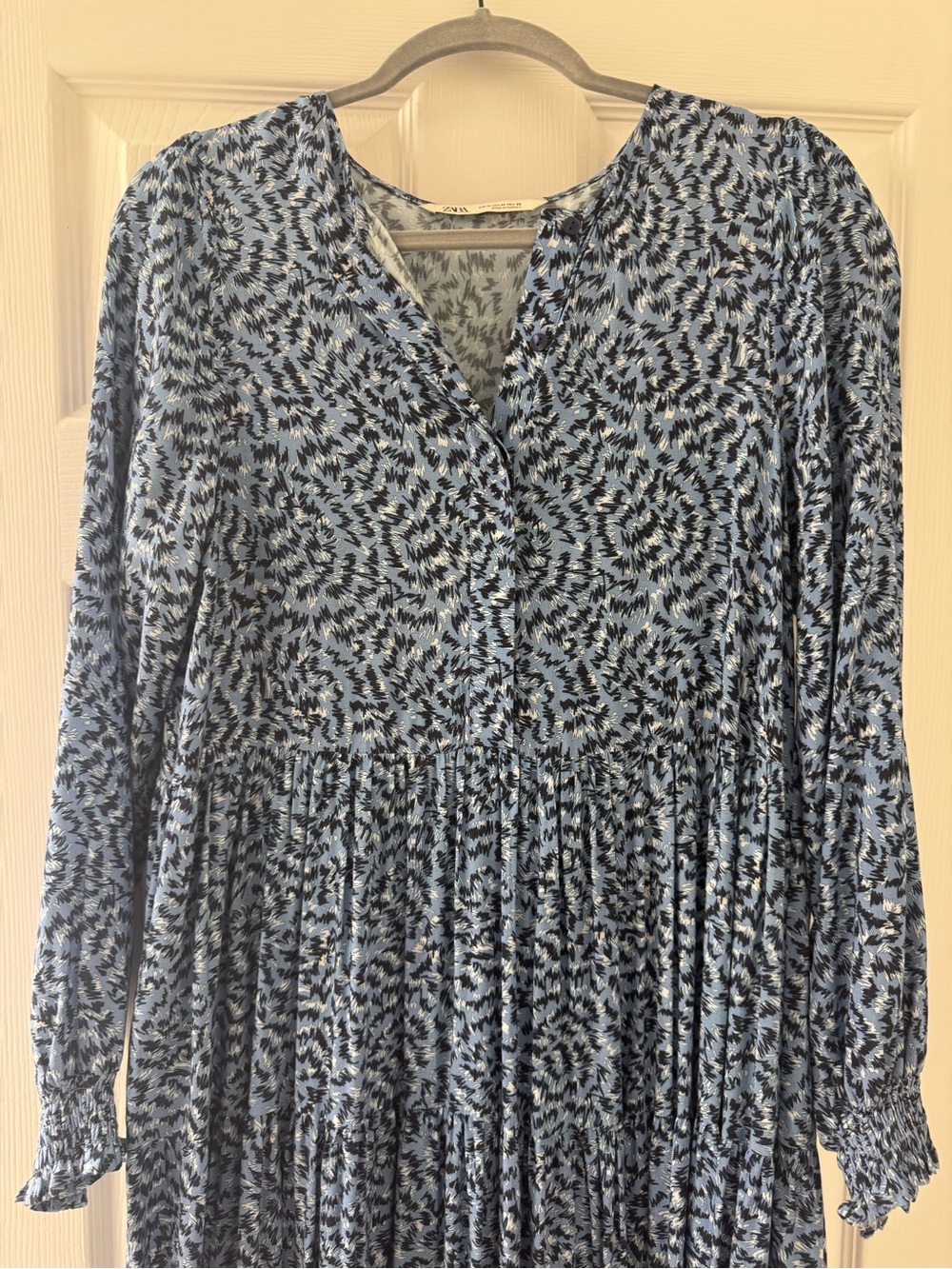 ZARA Angel Dress- Size M- Light Blue and Navy Print Button-Down